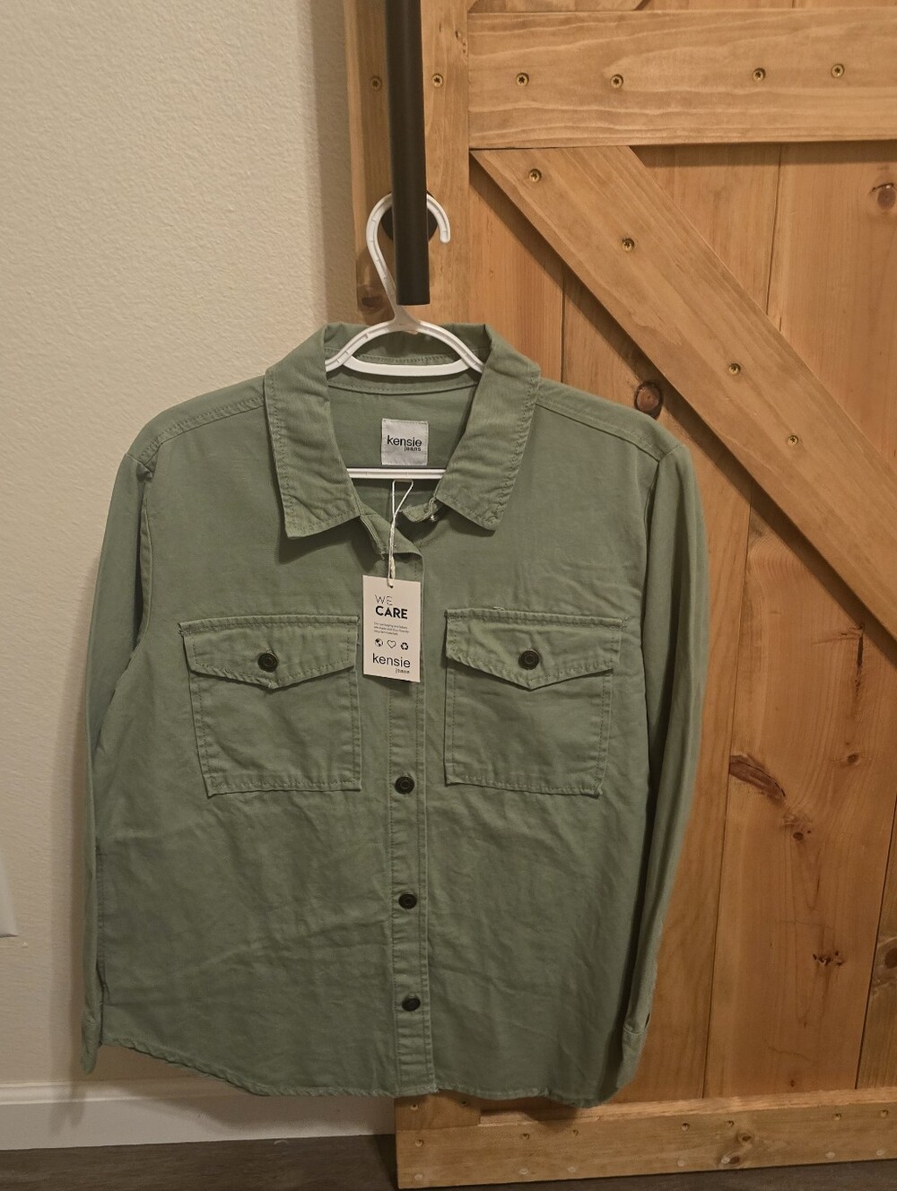 Kensie Womens Sage Green Button-Front Shirt Jacket